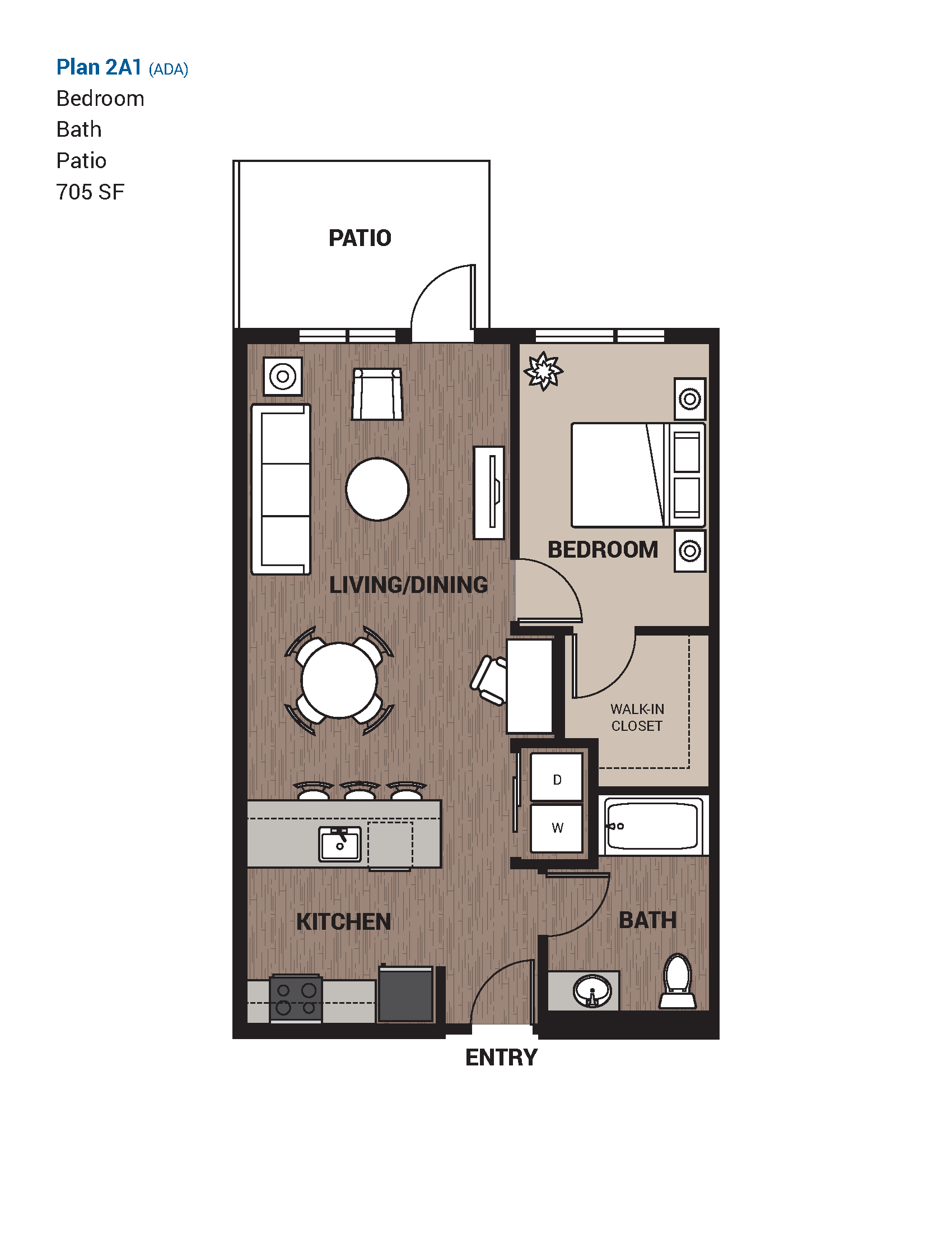 Floor plan for 1 bed, 1 bath, 705 sqft